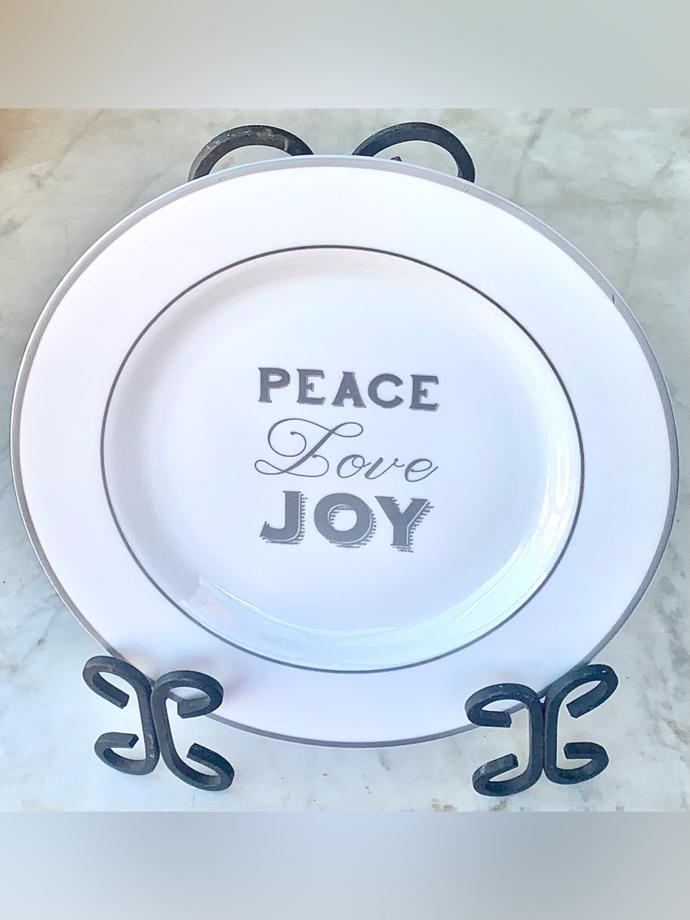 CIROA DINNER PLATES PEACE LOVE JOY GREY WHITE  NEW 10.5 INCH PORCELAIN CHINA